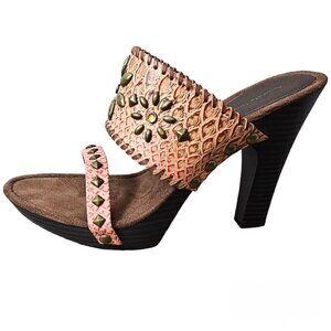 Amanda Smith Salmon Topaz Bead Adorned Leather Boho Platform Heel Sandal NEW